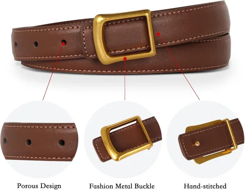 Vista 431 de Cinturón de cuero clásico con hebilla de metal para mujer con vestido de jeans