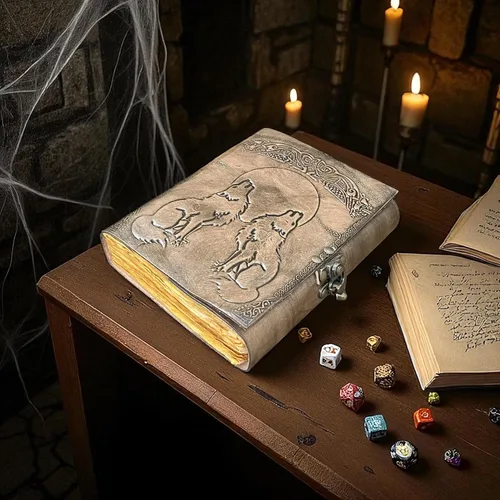 Vista 2 de Wolf Leather Journal with Moon Embossed Twin Wolf Grimoire Vintage Deckle Edge Paper Spell Book of Shadows Gothic Wiccan Notebook & Sketchbook