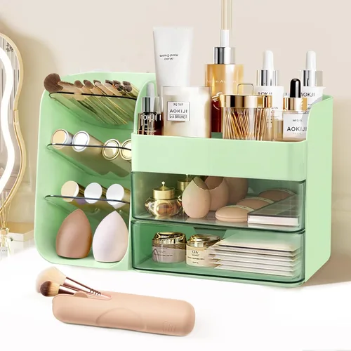Vista 9 de 2026 Organizador de maquillaje de encimera con cajones, organizador de cosméticos con soporte de brochas de viaje, organizador de cuidado de la piel