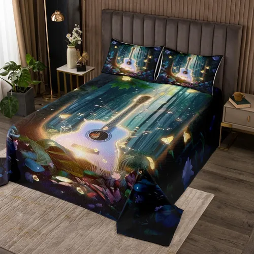 Vista 8 de Homewish Colcha de guitarra roja tamaño individual, juego de ropa de cama de música Hip Pop para decoración de habitación de niños y niñas, juego