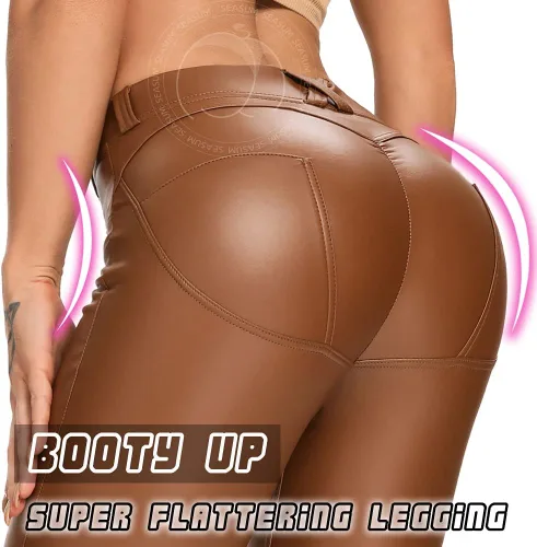 Vista 5 de SEASUM - Leggings de cuero sintético para mujer, pantalones elásticos, de cintura alta y realce de glúteos, pantalones sexis color negro