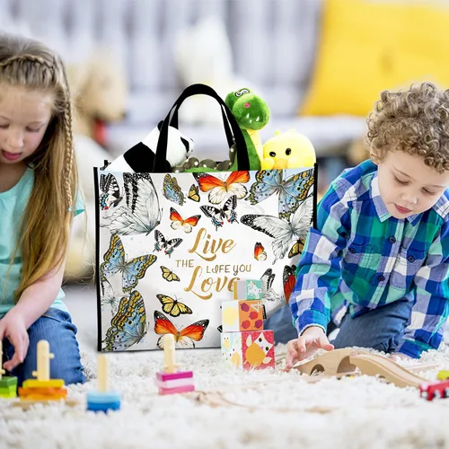 Vista 8 de NymphFable Paquete de 5 bolsas de compras reutilizables, coloridas mariposas, lavables, bolsas de tela