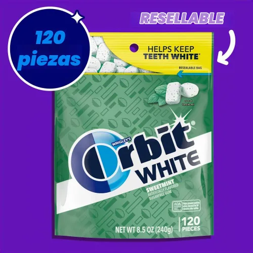 Vista 4 de ORBIT WHITE - Goma de mascar sin azúcar, sabor menta dulce, bolsa de 120