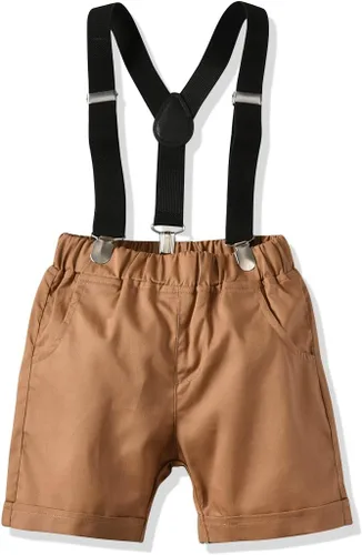 Vista 6 de Traje formal para bebés y niños, ropa de caballero, conjunto de traje de manga corta, camisa de mameluco, pantalones, pajarita, tirantes, 4 piezas