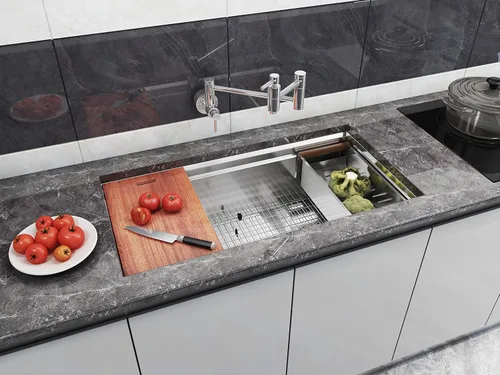 Vista 3 de KINGSMAN - Fregadero de cocina todo en uno de acero inoxidable con estación de trabajo de 36 pulgadas, calibre 16, con reborde integrado y Acero