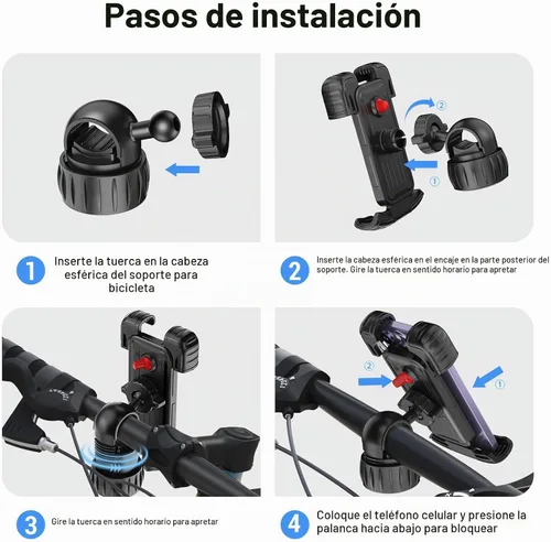 Vista 6 de Soporte para teléfono celular de bicicleta, ajustable en 360 grados, montaje rápido, soporte para manillar de bicicleta para iPhone 16, 15, 14 Pro