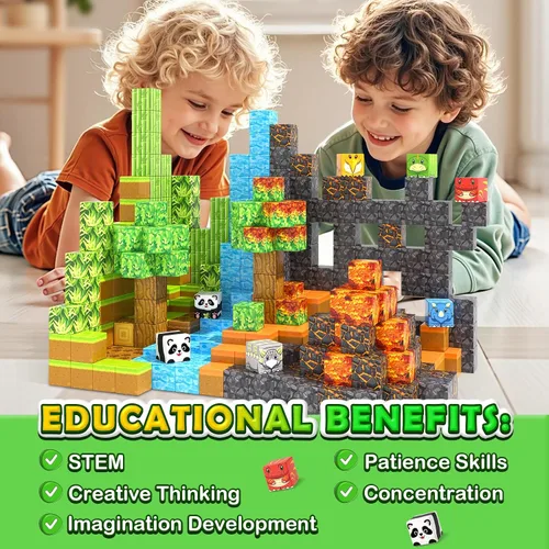 Vista 6 de Bloques Magnéticos - Construye Mundo Magnético de Mina Juguetes de Panda Dinosaurio para Niños Juegos, Juegos Sensoriales Educativos STEM para Niños
