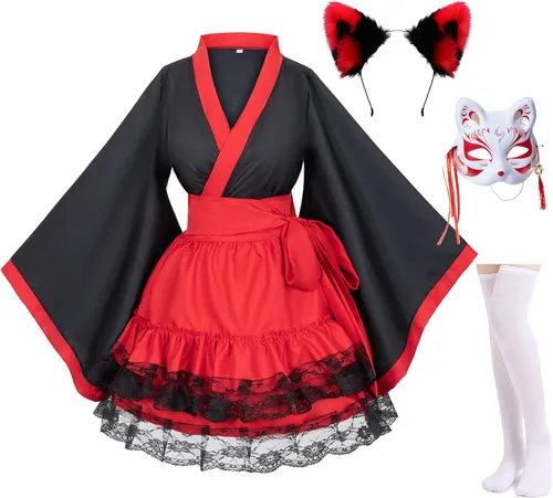 Vista 2 de Disfraz de anime japonés rojo y blanco Kimono Fox Cosplay con calcetines