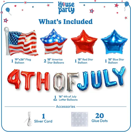 Vista 3 de HOUSE OF PARTY Globos del 4 de julio, accesorios temáticos de Estados Unidos Globos patrióticos de la bandera estadounidense – 19 x 26 pulgadas