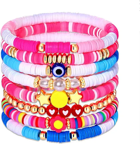 Vista 292 de Surfer Heishi - Pulseras apilables para mujer, apilables, de vinilo arcoíris, disco de arcilla, pulseras elásticas para la amistad, joyería bohemia