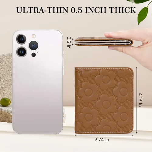 Vista 2 de Billetera para mujer, delgada y pequeña, billetera compacta con RFID, plegable, compacta, para mujer, cartera de cuero en relieve 3D con soporte