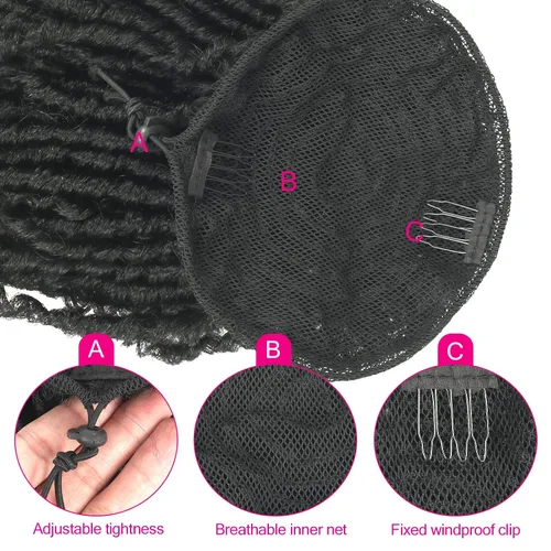 Vista 5 de Oseti Dreadlock - Cola de caballo rizada negra con cordón para mujeres negras, accesorios de moño de pétalos cortos con clip en colas de caballo