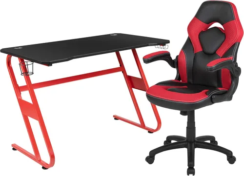 Vista 17 de Flash Furniture Juego de escritorio para juegos negro y silla de carreras blanco/negro con soporte para tazas, gancho para auriculares y soporte