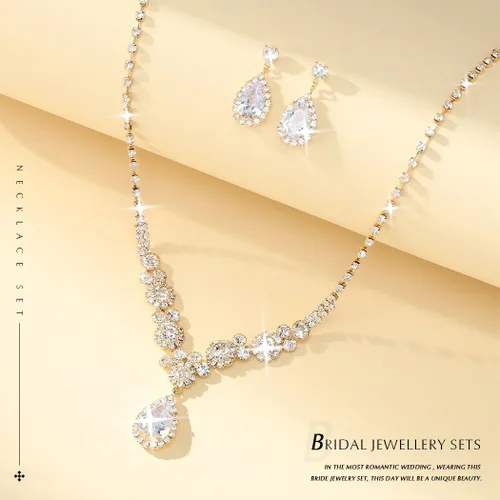 Vista 2 de Unicra Juego de collar y aretes de novia de plata para novia, juego de joyas de boda con diamantes de imitación para mujeres y novias