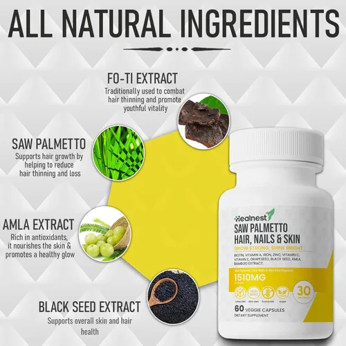 Vista 2 de Suplemento para el cuidado del cabello, las uñas y la piel con Saw Palmetto, biotina, Amla - 60 cápsulas vegetarianas sin OMG, sin gluten