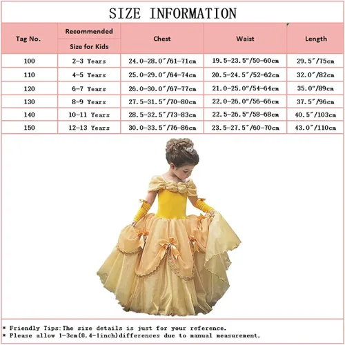 Vista 7 de HOIZOSG Belle Princess Dress Up para niñas, Beauty and The Beast, disfraz de Halloween, Navidad, fiesta de cumpleaños, vestido de baile elegante