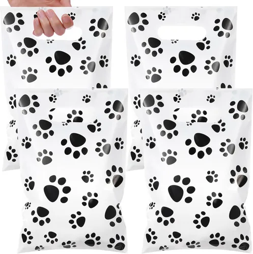Vista 10 de Pasimy 100 bolsas de regalo de pata de perro a granel, diseño de pata de mascota, bolsas de plástico con asa para decoración de fiesta de cumpleaños