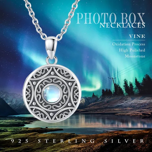 Vista 5 de Silikepa Locket Necklace for Women Mens 925 Sterling Silver Moonstone CelticViking Locket Necklace Holds Photos Moonstone Jewelry Gifts for Women