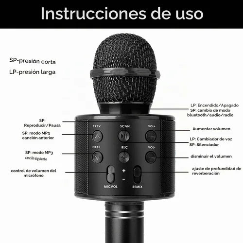 Vista 4 de Micrófono de karaoke inalámbrico Bluetooth Altavoz portátil de micrófono de mano 3 en 1 para todos los teléfonos inteligentes Regalos Negro