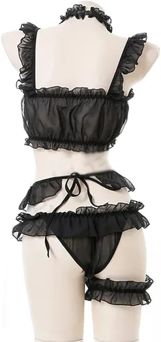 Vista 7 de JasmyGirls Conjunto de lencería sexy para mujer, talla grande, disfraz de bikini Kawaii Anime Cat Roleplay con corazón hueco Lolita