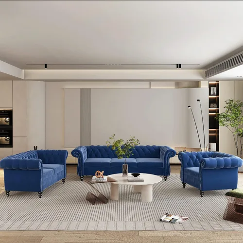 Vista 9 de QHITTY Juego de 2 piezas para sala de estar, Silla Sofá Seccional Chesterfield Contemporáneo Tapizado de Terciopelo Loveseat Juegos de Sofá para Azul