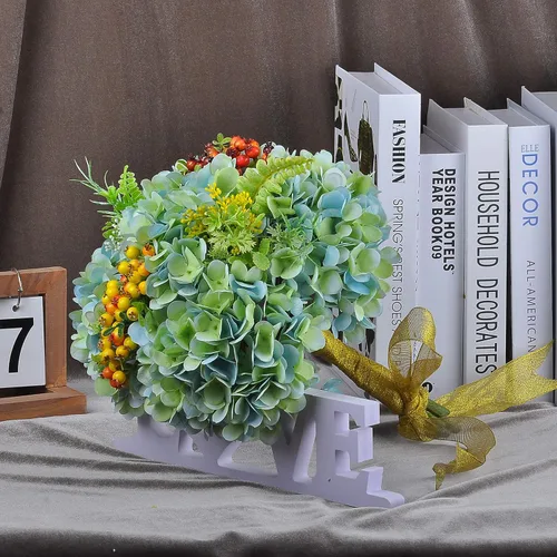 Vista 7 de Flores artificiales de hortensia, 6 ramos de hortensia de 14 pulgadas para bodas, bricolaje, decoración del hogar, centros de mesa (azul verde)