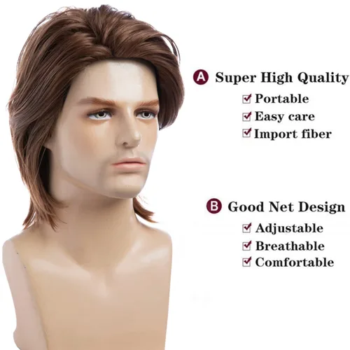 Vista 3 de Wiwige Peluca marrón para hombre, pelo corto, esponjoso, natural, sintético, Halloween, cosplay, fiesta, pelucas completas
