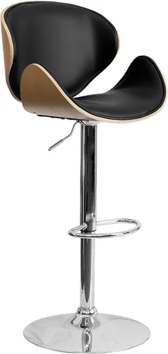 Vista 4 de Taburete de bar Flash Furniture de madera de haya con altura ajustable y asiento y respaldo de vinilo negro curvado, Espuma Madera Vinilo, Hayedo