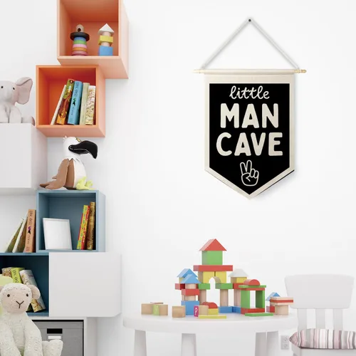Vista 2 de Qpenm Cueva del Hombre Pequeño Bandera Colgante de Pared en Lienzo, Decoración para Habitación de Niños, Banderines Modernos en Blanco y Negro