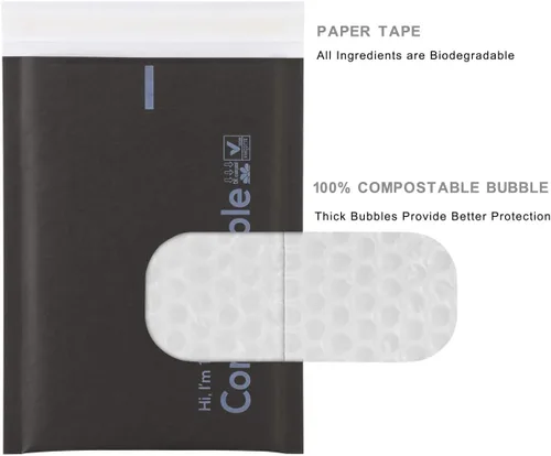 Vista 3 de Sobres autosellables con burbujas 6x10 100% biodegradables, 25 unidades de kraft negro #000, sobres de embalaje acolchados compostables, bolsas