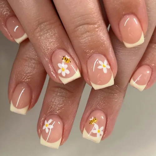 Vista 12 de Uñas postizas a presión con punta francesa, uñas postizas cuadradas cortas con diseños de cuentas de flores 3D, uñas blancas a presión, uñas Blanco
