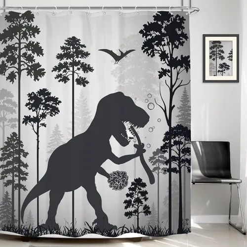 Vista 14 de LGhtyro Juego de Cortina de Ducha Divertida de Dinosaurio para Baño Pequeño 36Wx71H Pulgadas Dibujos Animados Niños Silueta de Dino Sombra de Animal