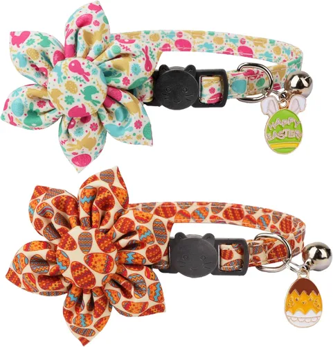 Vista 9 de ADOGGYGO Collares de gato con bandera americana con campana de flor removible, ajustables, patrón de bandera del 4 de julio en rojo y azul, collares