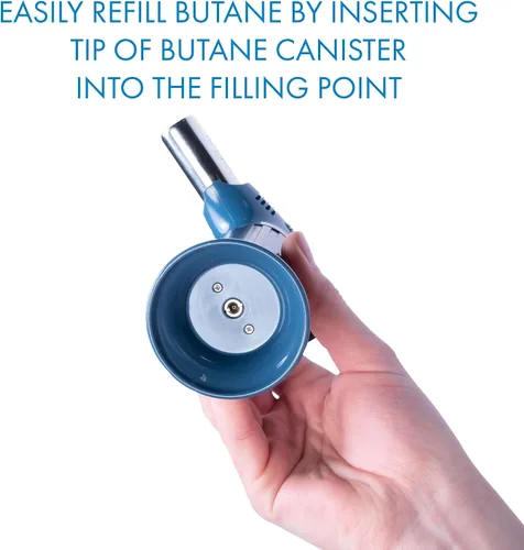 Vista 7 de Encendedor de antorcha de butano, antorcha de cocina para caramelizar, sellar, recargable con bloqueo de seguridad, llama doble ajustable para Azul