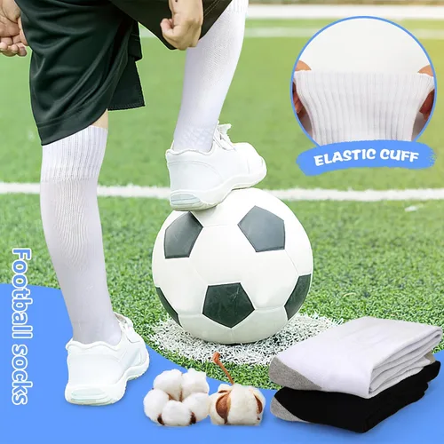 Vista 6 de GRPSKCOS Calcetines de fútbol blancos y negros, 2 pares, para deportes de equipo, atléticos, fútbol, béisbol, calcetines largos para jóvenes, niños