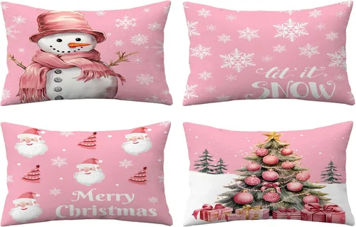 Vista 21 de Juego de 4 fundas de almohada de Navidad de 12 x 12 pulgadas, fundas de almohada de terciopelo de Navidad, fundas de almohada doradas y rojas