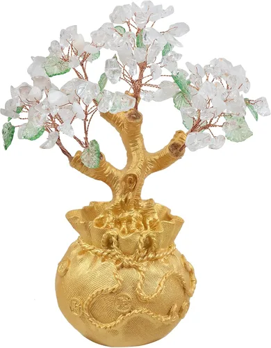Vista 7 de mookaitedecor Árbol de dinero de cristal de 7 chakras con base de bolsa de dinero dorada, adorno de bonsái de árbol de Feng Shui para decoración