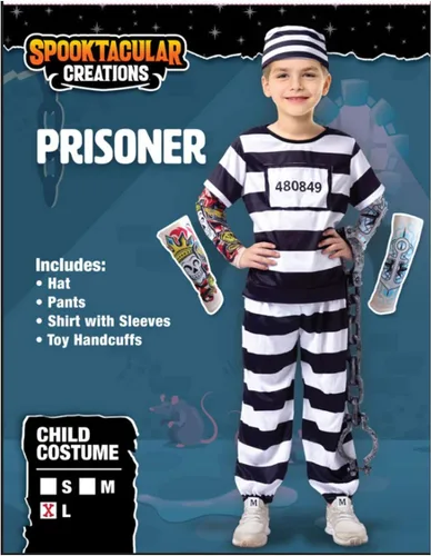 Vista 6 de Disfraz de prisionero de Halloween con manga de tatuaje y esposas de juguete para niños