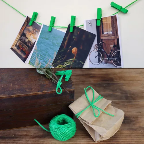 Vista 5 de HSTECH 100 piezas de mini pinzas de madera natural verde y 25 m de cuerda de yute, pinzas para ropa de bebé, pinzas de 3.5 cm para manualidades