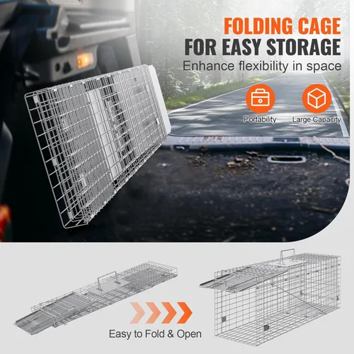 Vista 6 de VEVOR Trampa de jaula para animales vivos, 31 x 10 x 12 pulgadas, trampa para gatos humanitarios de hierro galvanizado, trampa plegable