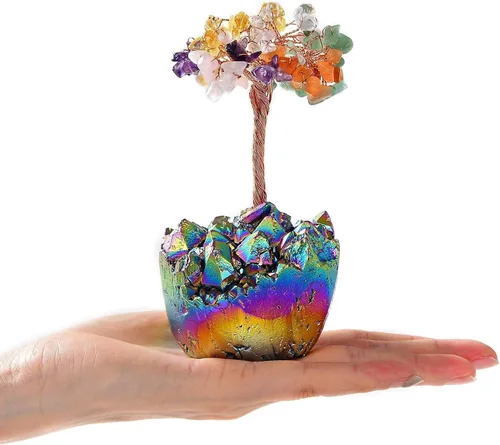 Vista 9 de KALIFANO Amatista natural (más de 100 piedras preciosas!) Árbol de cristal de chakra con base de racimo de cuarzo, árbol de dinero bonsái Feng Shui
