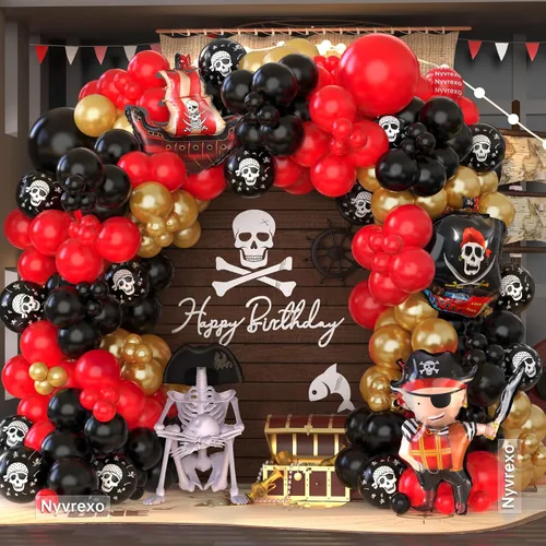Vista 4 de Decoraciones de fiesta de cumpleaños pirata, 142 piezas de guirnalda de globos dorados metálicos rojos, negros, kit de arco de arco de globos