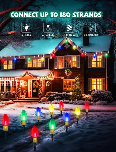 Vista 5 de C9 - Luces de camino de Navidad para exteriores, juego de 4 luces de Navidad para césped al aire libre con bombillas LED C9 transparentes multicolor