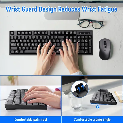 Vista 2 de Combo de teclado y mouse inalámbricos, diseño QWERTY de tamaño completo, teclado estéreo de 2.4 G, diseñado ergonómicamente para laptop, PC