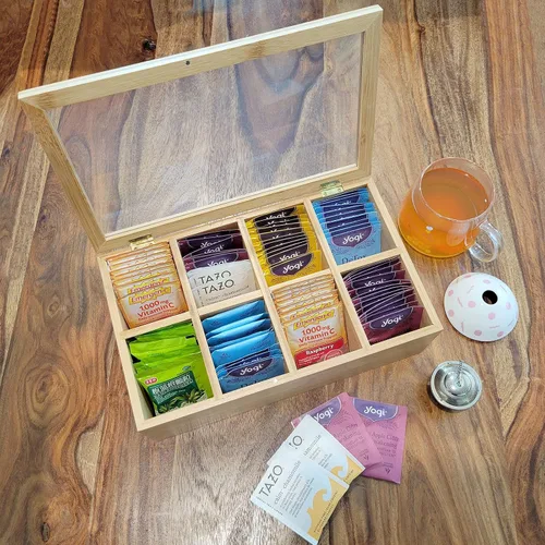 Vista 6 de Bam & Boo - Organizador de cajas de almacenamiento de especias y condimentos de bambú natural con tapa transparente (8 compartimentos)