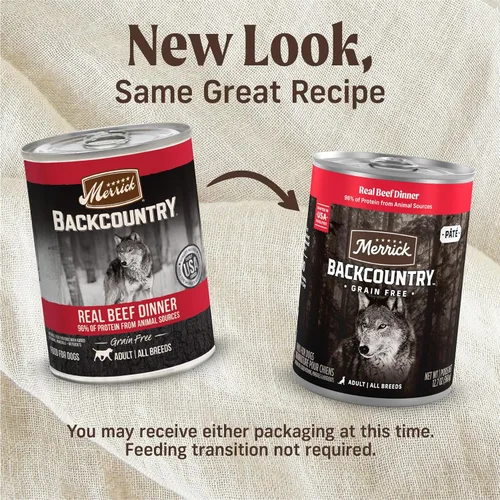 Vista 2 de Merrick Backcountry - Comida húmeda sin cereales para perros, comida de carne de res real, (12) latas de 12.7 onzas