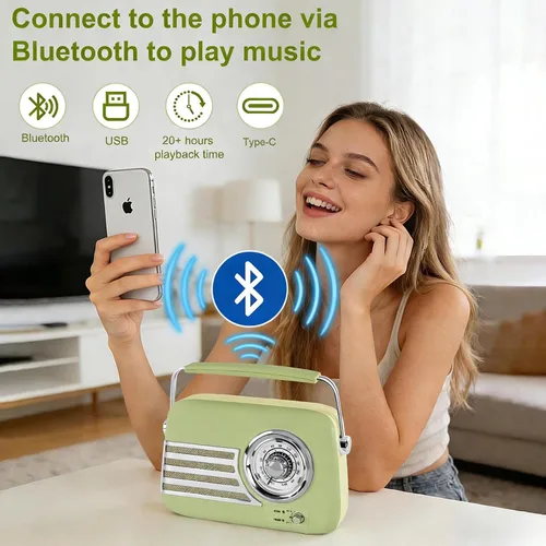 Vista 4 de Altavoz Bluetooth retro con radio FM, altavoz de radio portátil vintage, más de 20 horas de duración de la batería con antena telescópica, carga