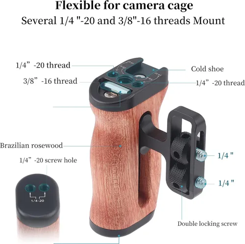 Vista 2 de Fotga Mango lateral de madera con 1/4 "-20 agujeros de montaje Cold Shoe para cámara de video DSLR sin espejo, jaula de micrófono llave incorporada