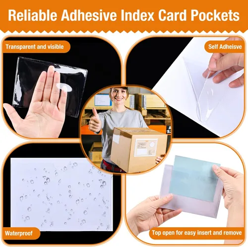 Vista 3 de 40 PCS Index Card Pockets, Self Adhesive Card Pockets 3"X5" with Top Open, Clear Label Pockets for Storage Bins, Plastic Labels Holders for