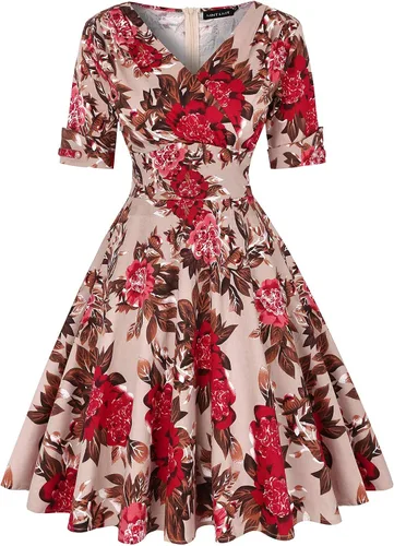 Vista 2 de MINTLIMIT Vestido vintage de los años 50 con cuello en V y media manga para mujer, vestido de cóctel retro acampanado liso